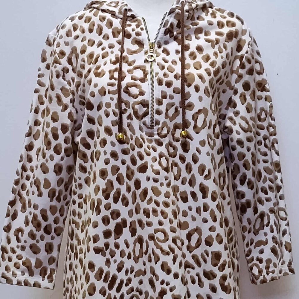 SUSAN GRAVER  Hoodie Leopard print 1/2 Zip Pullover Size Med